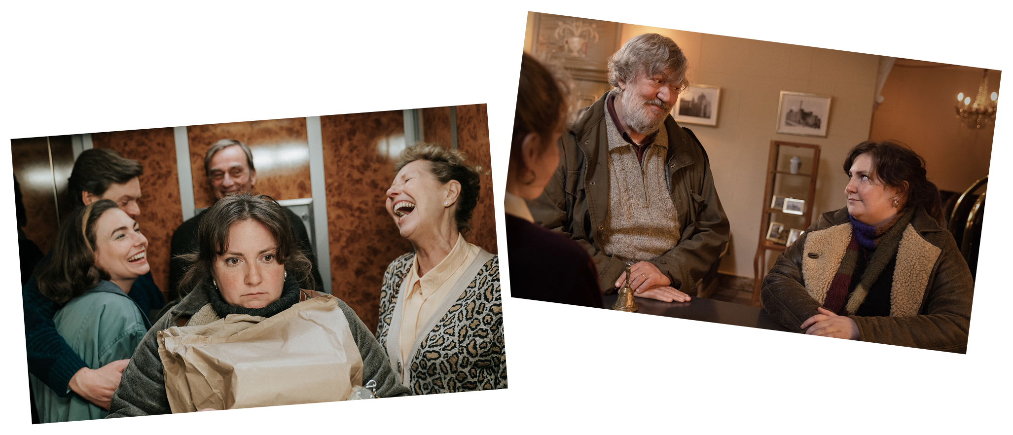 ルーシーがエレベーターに乗っているシーン。笑い合っている乗り合わせた人たちと表情が固いルーシー／エデクとルーシーが見つめあって会話しているシーン